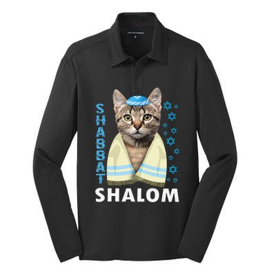 Funny Jewish Shabbat Shalom Cute Cat With Kippah Silk Touch Performance Long Sleeve Polo