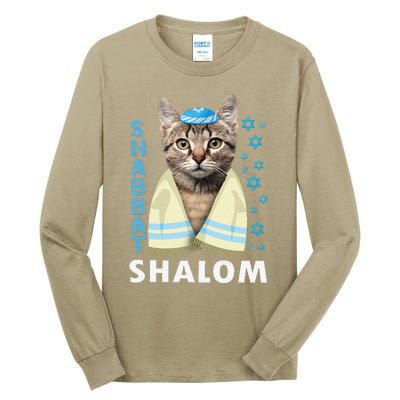 Funny Jewish Shabbat Shalom Cute Cat With Kippah Tall Long Sleeve T-Shirt