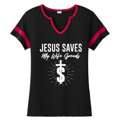 Funny Jesus Saves My Wife Spends Ladies Halftime Notch Neck Tee