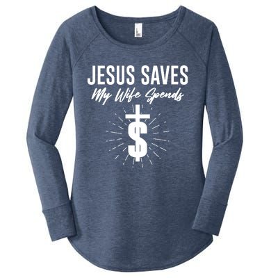 Funny Jesus Saves My Wife Spends Women's Perfect Tri Tunic Long Sleeve Shirt