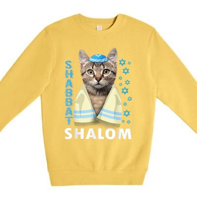 Funny Jewish Shabbat Shalom Cute Cat With Kippah Premium Crewneck Sweatshirt