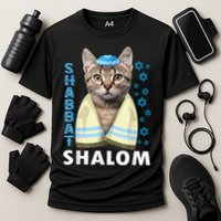 Funny Jewish Shabbat Shalom Cute Cat With Kippah Cooling Performance Crew T-Shirt