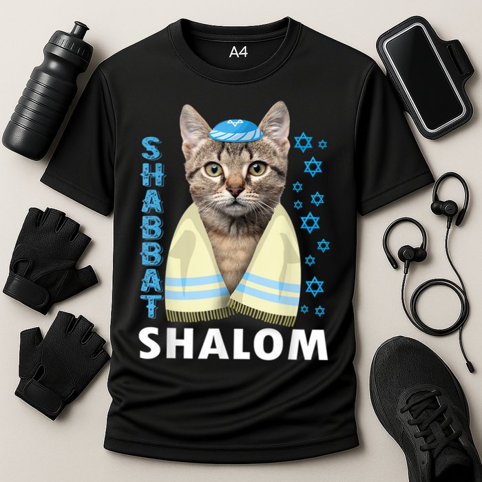 Funny Jewish Shabbat Shalom Cute Cat With Kippah Cooling Performance Crew T-Shirt