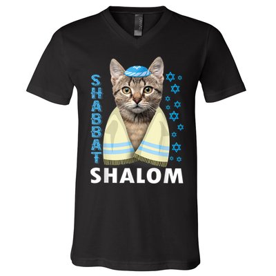 Funny Jewish Shabbat Shalom Cute Cat With Kippah V-Neck T-Shirt