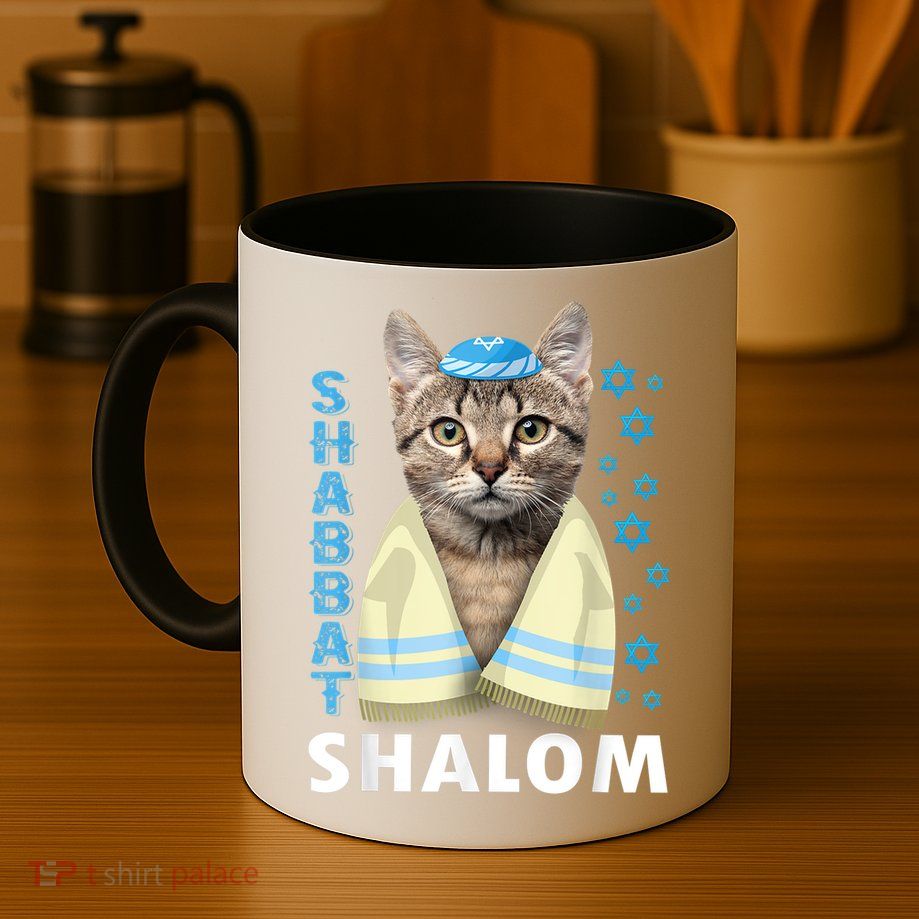 Funny Jewish Shabbat Shalom Cute Cat With Kippah Mug