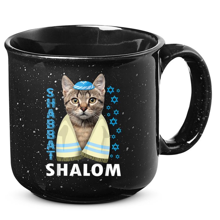 Funny Jewish Shabbat Shalom Cute Cat With Kippah 15oz Campfire Ceramic Mug