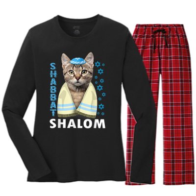 Funny Jewish Shabbat Shalom Cute Cat With Kippah Women's Long Sleeve Flannel Pajama Set 