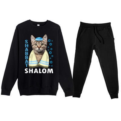 Funny Jewish Shabbat Shalom Cute Cat With Kippah Premium Crewneck Sweatsuit Set