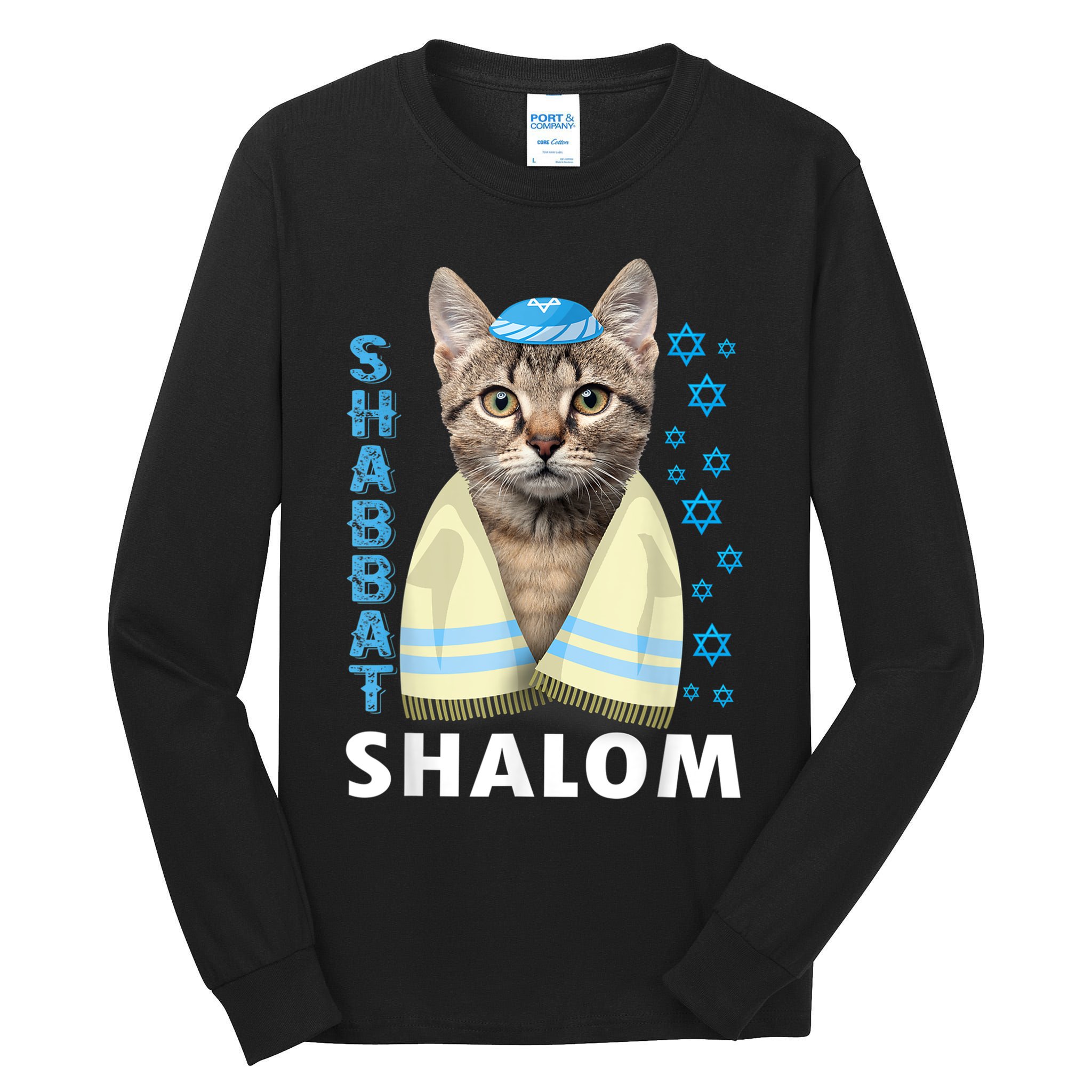 Funny Jewish Shabbat Shalom Cute Cat With Kippah Tall Long Sleeve T-Shirt