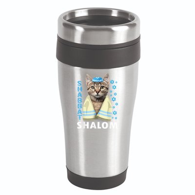 Funny Jewish Shabbat Shalom Cute Cat With Kippah 16oz Travel Tumbler