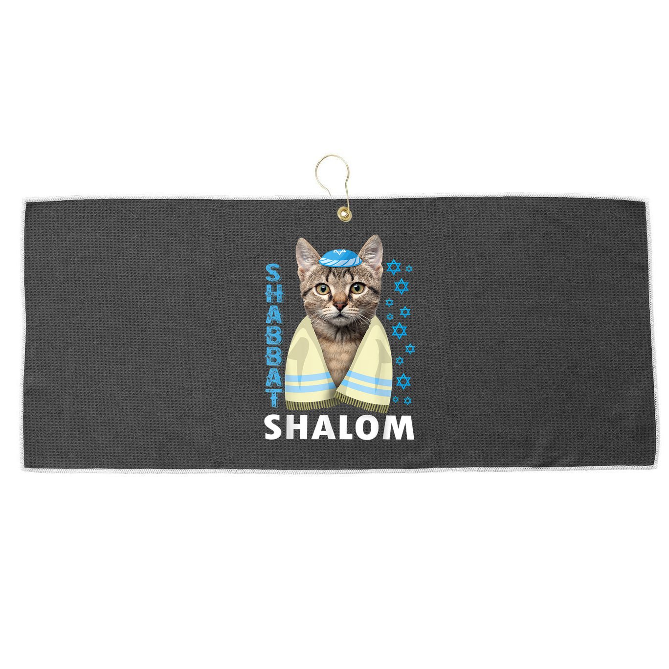 Funny Jewish Shabbat Shalom Cute Cat With Kippah Large Microfiber Waffle Golf Towel