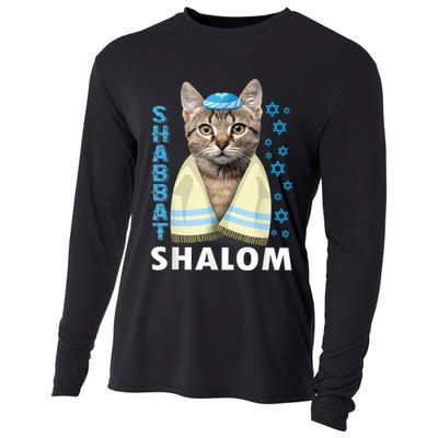 Funny Jewish Shabbat Shalom Cute Cat With Kippah Cooling Performance Long Sleeve Crew