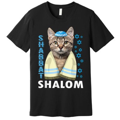 Funny Jewish Shabbat Shalom Cute Cat With Kippah Premium T-Shirt