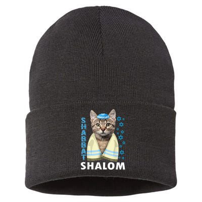 Funny Jewish Shabbat Shalom Cute Cat With Kippah Sustainable Knit Beanie