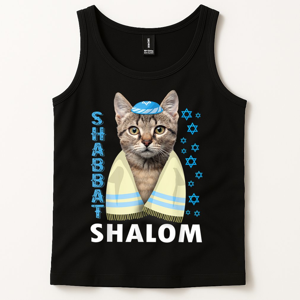 Funny Jewish Shabbat Shalom Cute Cat With Kippah Tank Top