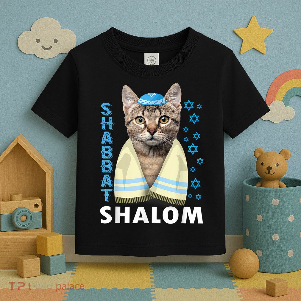 Funny Jewish Shabbat Shalom Cute Cat With Kippah Toddler T-Shirt