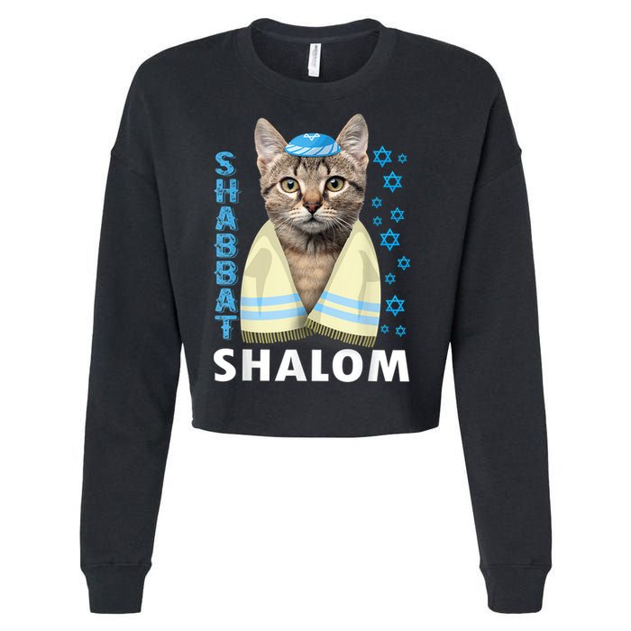 Funny Jewish Shabbat Shalom Cute Cat With Kippah Cropped Pullover Crew