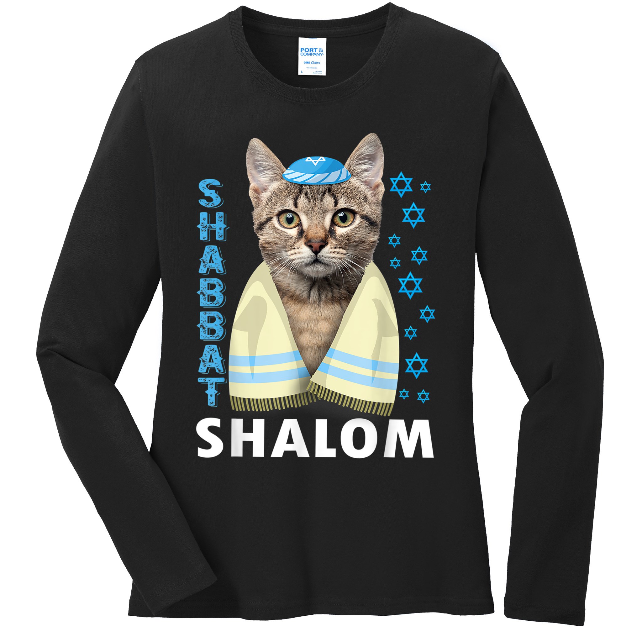 Funny Jewish Shabbat Shalom Cute Cat With Kippah Ladies Long Sleeve Shirt