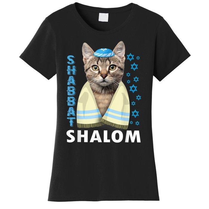 Funny Jewish Shabbat Shalom Cute Cat With Kippah Women's T-Shirt