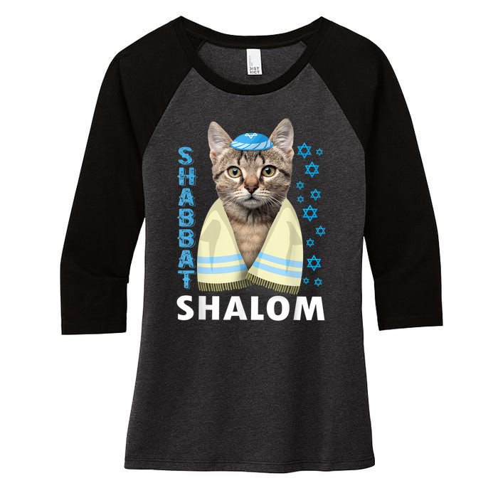 Funny Jewish Shabbat Shalom Cute Cat With Kippah Women's Tri-Blend 3/4-Sleeve Raglan Shirt