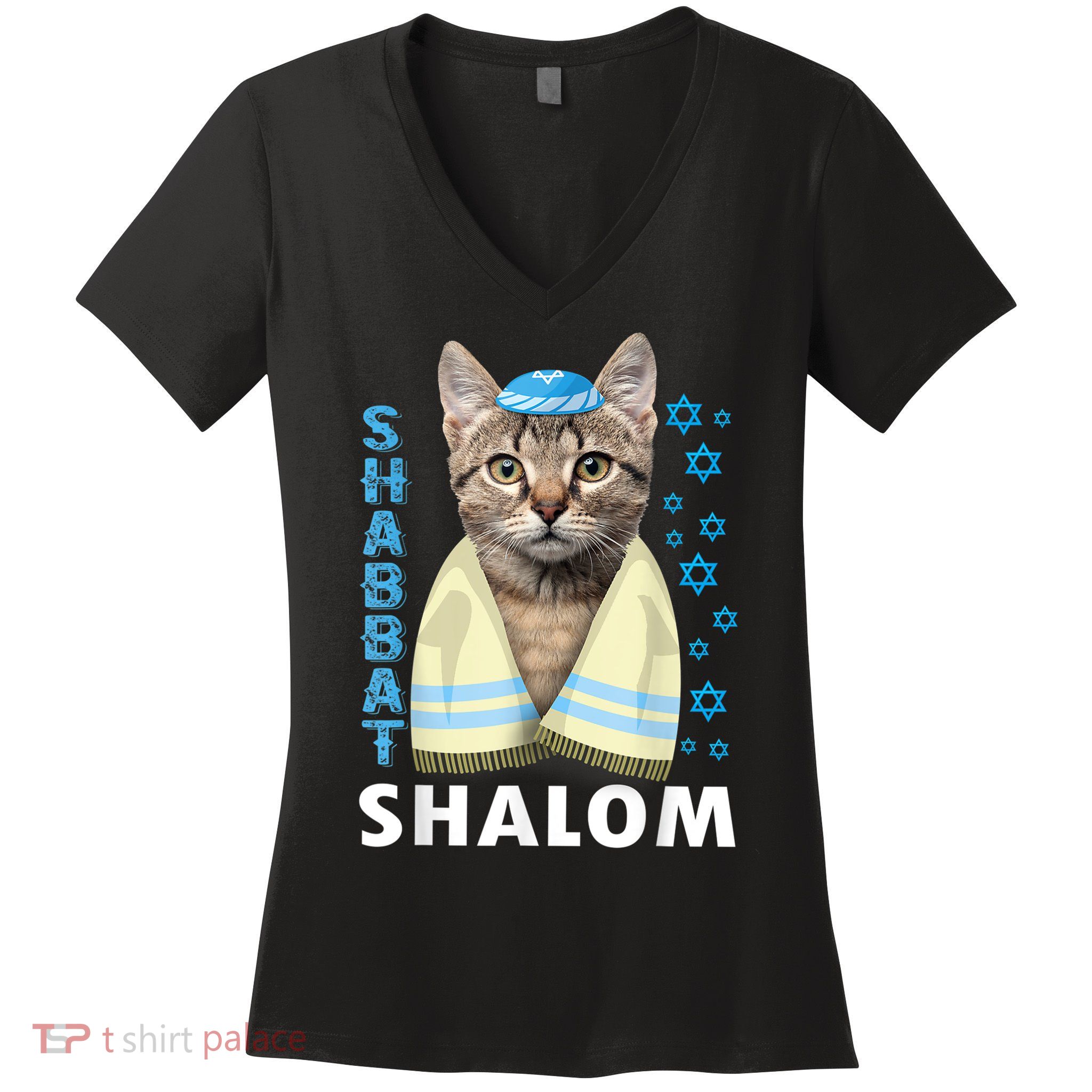 Funny Jewish Shabbat Shalom Cute Cat With Kippah Women's V-Neck T-Shirt