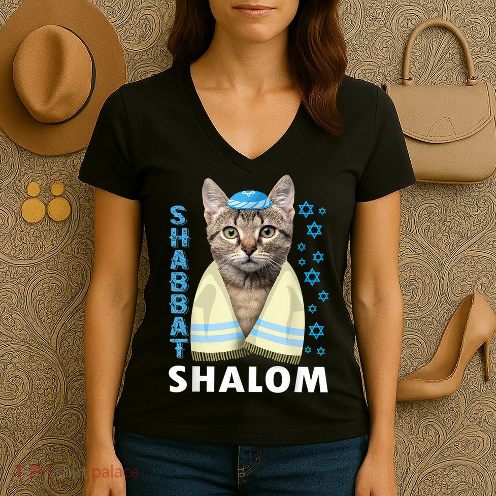 Funny Jewish Shabbat Shalom Cute Cat With Kippah Women's V-Neck T-Shirt