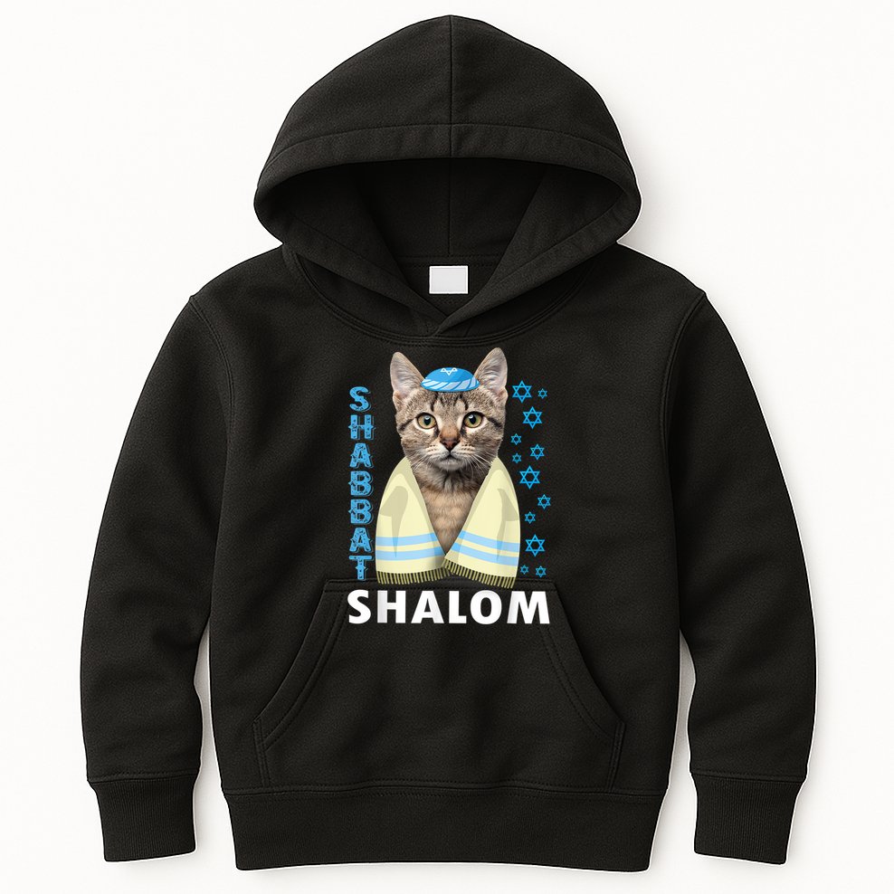 Funny Jewish Shabbat Shalom Cute Cat With Kippah Kids Hoodie