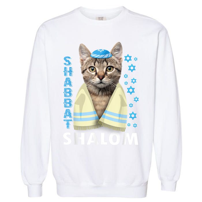 Funny Jewish Shabbat Shalom Cute Cat With Kippah Garment-Dyed Sweatshirt