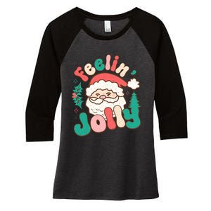 Feelin Jolly Santa Claus Graphic Women's Tri-Blend 3/4-Sleeve Raglan Shirt