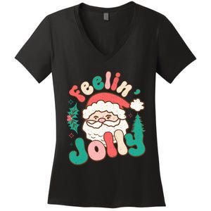 Feelin Jolly Santa Claus Graphic Women's V-Neck T-Shirt