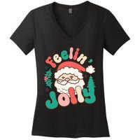 Feelin Jolly Santa Claus Graphic Women's V-Neck T-Shirt