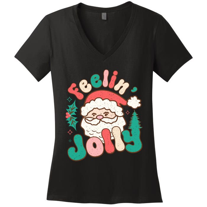 Feelin Jolly Santa Claus Graphic Women's V-Neck T-Shirt