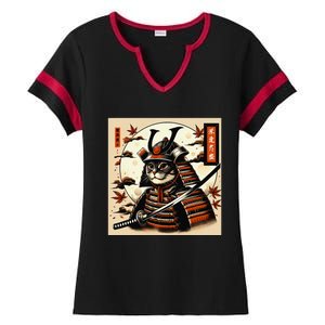 Funny Japanese Samurai Cat Ladies Halftime Notch Neck Tee