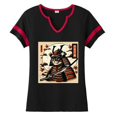 Funny Japanese Samurai Cat Ladies Halftime Notch Neck Tee