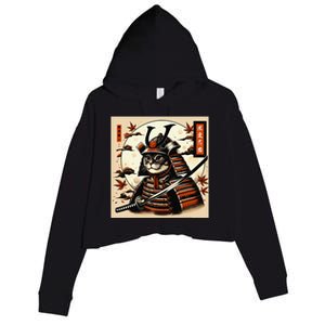 Funny Japanese Samurai Cat Crop Fleece Hoodie