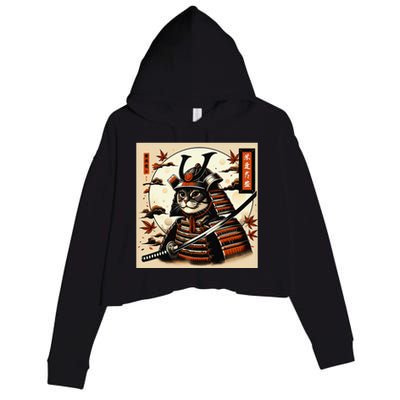 Funny Japanese Samurai Cat Crop Fleece Hoodie