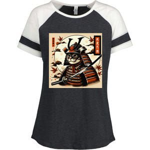 Funny Japanese Samurai Cat Enza Ladies Jersey Colorblock Tee