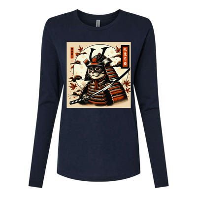 Funny Japanese Samurai Cat Womens Cotton Relaxed Long Sleeve T-Shirt