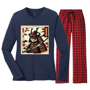 Funny Japanese Samurai Cat Women's Long Sleeve Flannel Pajama Set 