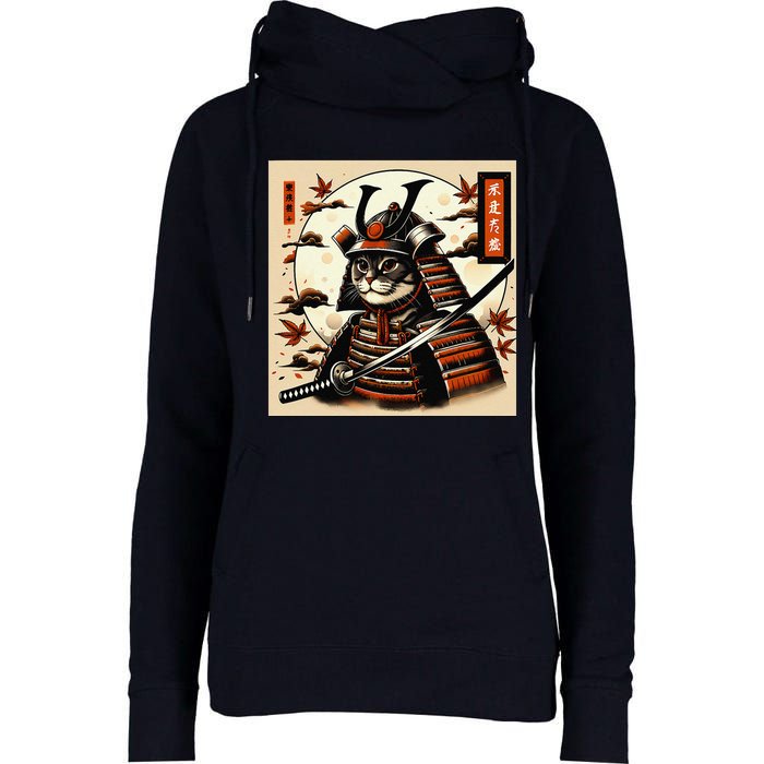 Funny Japanese Samurai Cat Womens Funnel Neck Pullover Hood