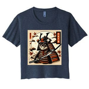 Funny Japanese Samurai Cat Women's Crop Top Tee