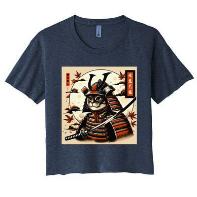 Funny Japanese Samurai Cat Women's Crop Top Tee