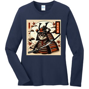 Funny Japanese Samurai Cat Ladies Long Sleeve Shirt