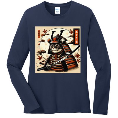 Funny Japanese Samurai Cat Ladies Long Sleeve Shirt