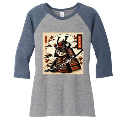 Funny Japanese Samurai Cat Women's Tri-Blend 3/4-Sleeve Raglan Shirt