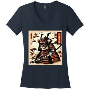 Funny Japanese Samurai Cat Women's V-Neck T-Shirt