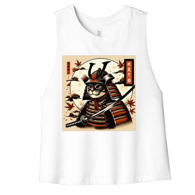 Funny Japanese Samurai Cat Women's Racerback Cropped Tank