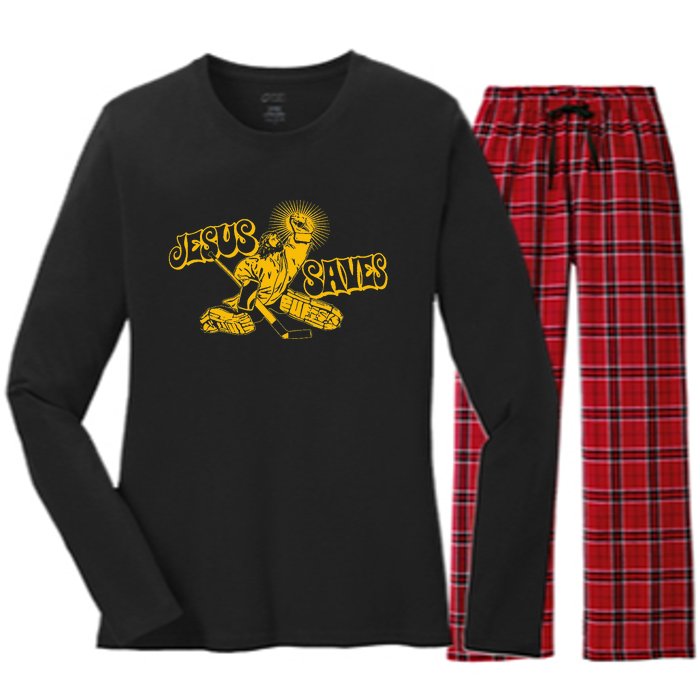 Funny Jesus Saves Hockey Religious Christian Goaltender Women's Long Sleeve Flannel Pajama Set 