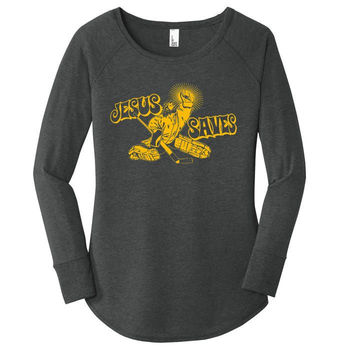 Funny Jesus Saves Hockey Religious Christian Goaltender Women's Perfect Tri Tunic Long Sleeve Shirt