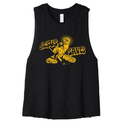 Funny Jesus Saves Hockey Religious Christian Goaltender Women's Racerback Cropped Tank